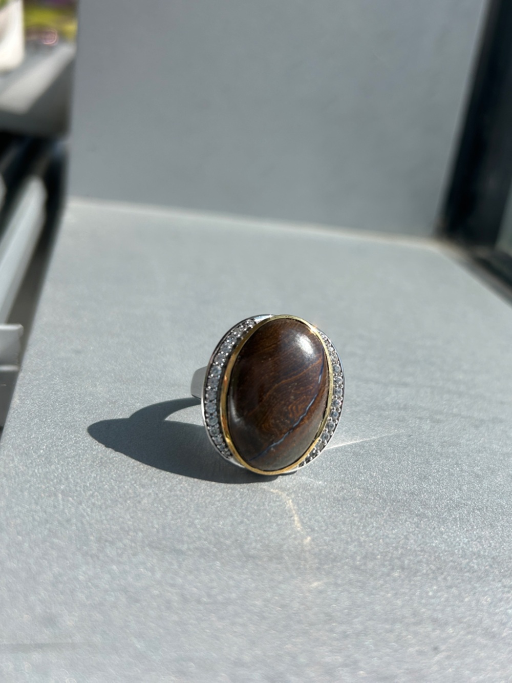 Oval Brown Stone with Crystal Pavé Halo Cocktail Ring